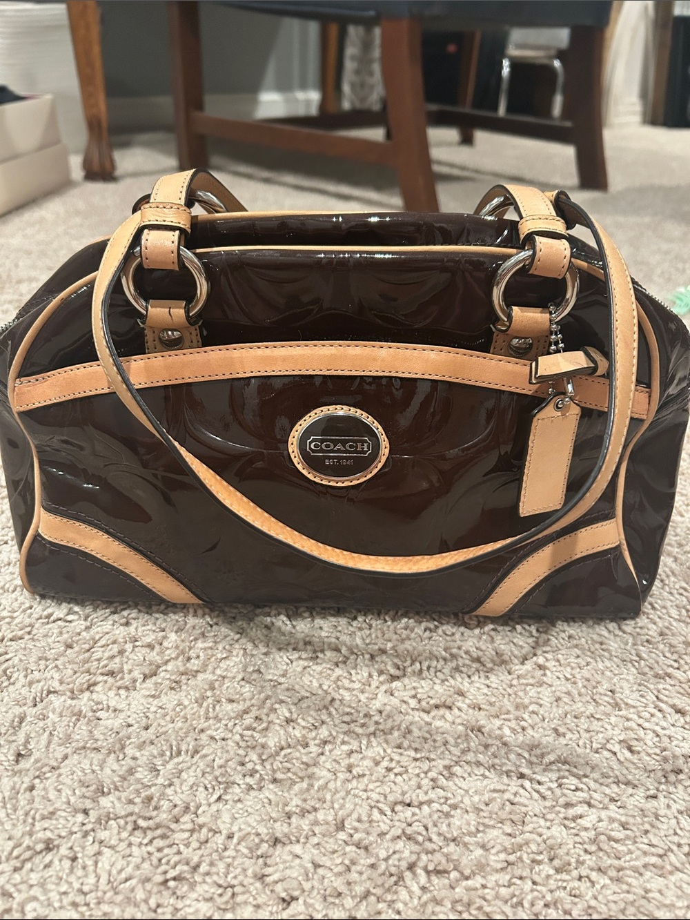 Coach Brown Patent Leather Satchel with Tan Trim